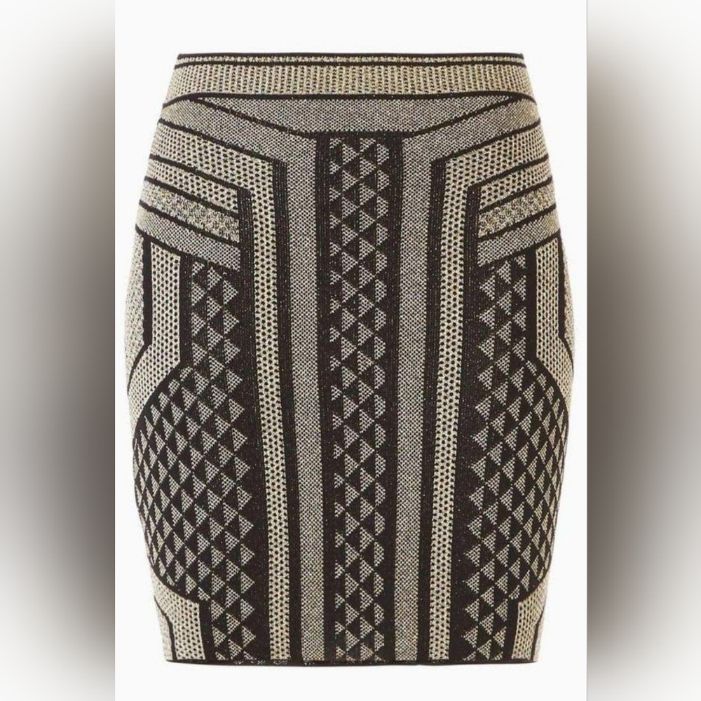BCBGMAXAZRIA Josa Geometric Knit Pencil Skirt Black & Gold Metallic